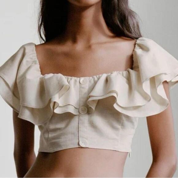 Zara Tops - Zara Ecru Linen Blend Ruffle Crop Top